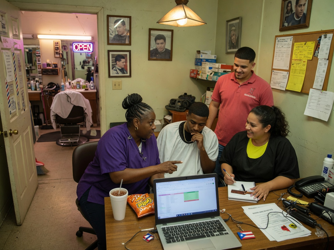 Small business team learning computer skills together