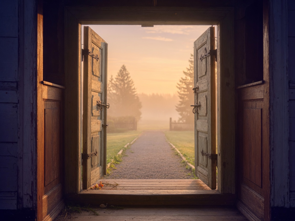 Open church doors filled with warm morning light — a digital front door for your ministry