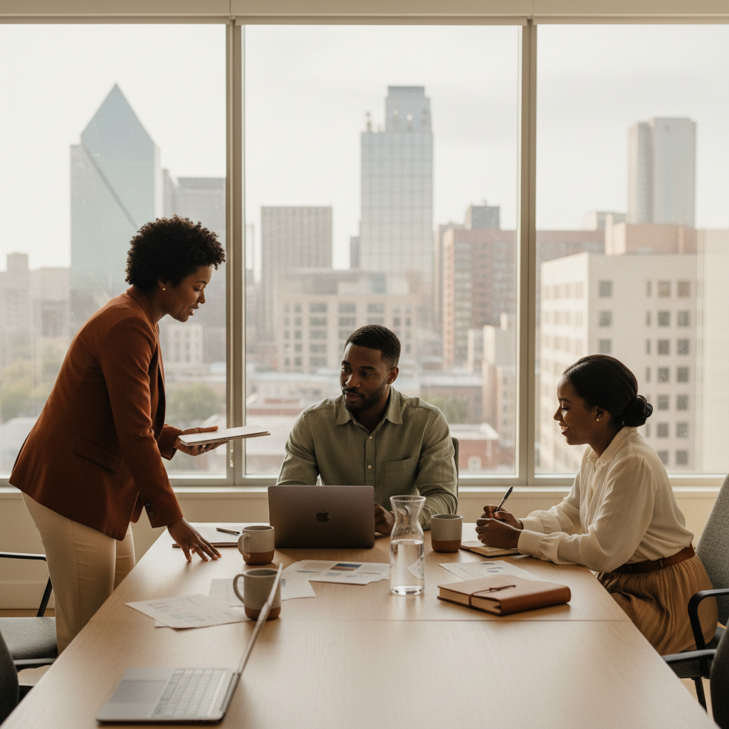 Black professionals collaborating in modern Dallas office